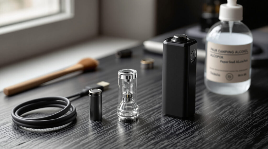 Zerlegter Vaporizer mit Glasdampfweg, Akku und Reinigungszubehör auf dunklem Holz
