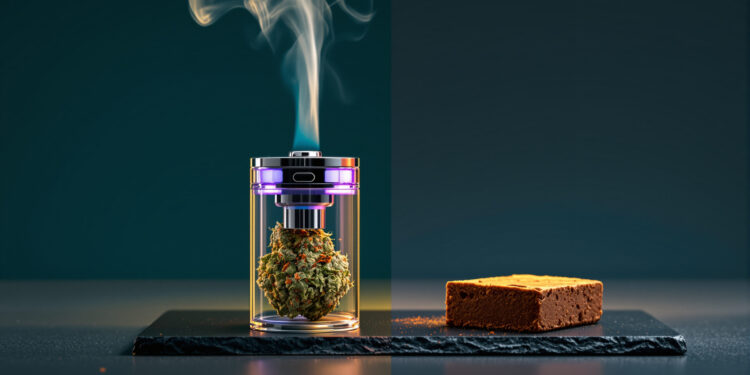 Vaporizer und Cannabis-Edible nebeneinander auf dunklem Hintergrund