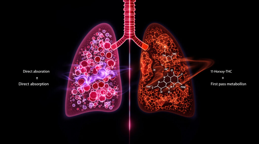 Schematische Darstellung von Lungen- und Lebermetabolismus bei Cannabis