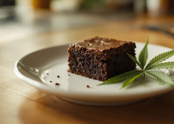 Cannabis-Brownie auf weißem Teller mit Hanfblatt-Garnierung