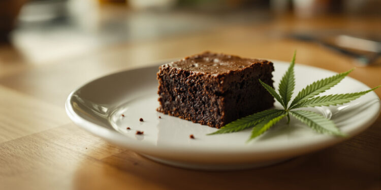 Cannabis-Brownie auf weißem Teller mit Hanfblatt-Garnierung