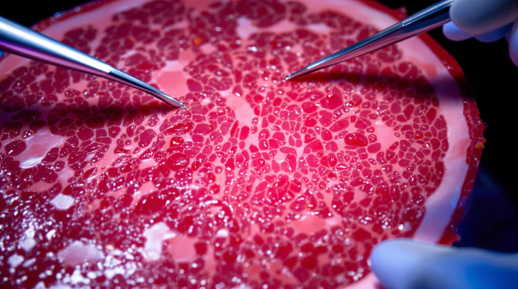 Mikroskopische Detailaufnahme von Lebergewebe im Labor
