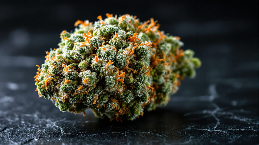 Frische Cannabis-Blüte in Nahaufnahme vor dunklem Hintergrund