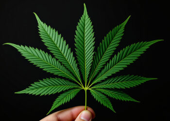 Fächerblatt einer Cannabispflanze mit sieben gesägten Fingern