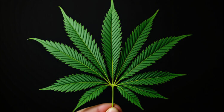 Fächerblatt einer Cannabispflanze mit sieben gesägten Fingern
