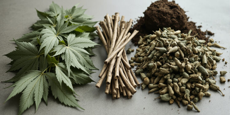 Sortierte Cannabis-Pflanzenreste nach der Ernte: Blätter, Verschnitt, Stängel und Wurzeln