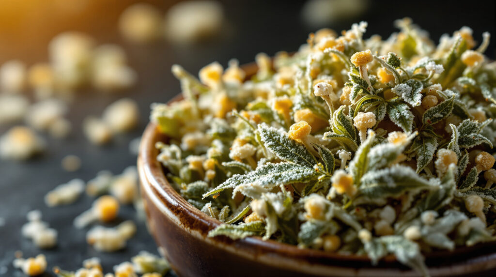 Nahaufnahme von harzbedecktem Cannabis-Verschnitt mit sichtbaren Trichomen