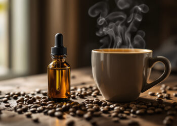 Kaffeetasse mit dampfendem Kaffee und CBD-Öl-Flasche auf dunklem Holz