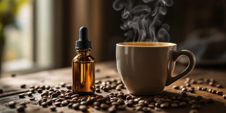 Kaffeetasse mit dampfendem Kaffee und CBD-Öl-Flasche auf dunklem Holz