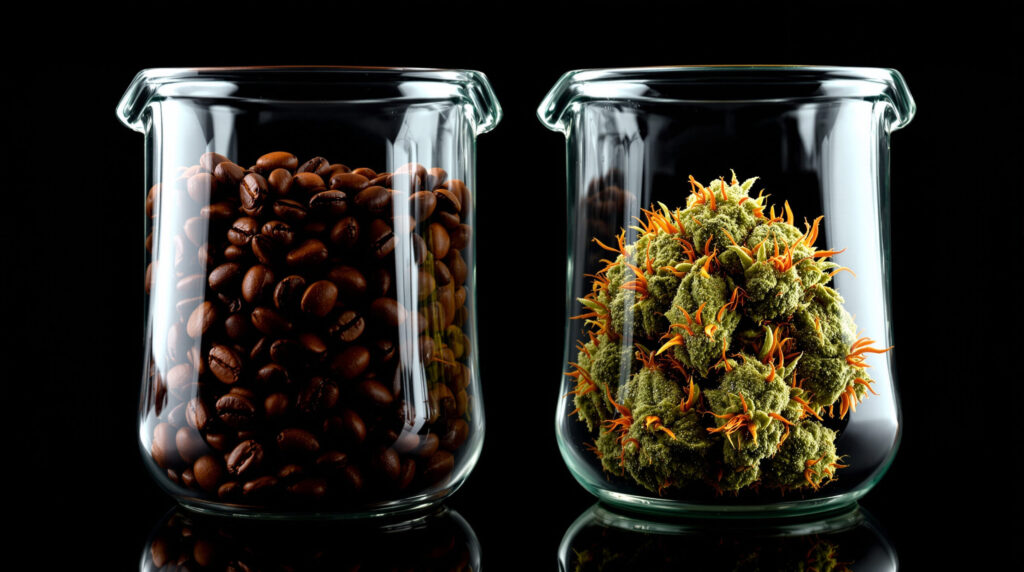 Zwei Laborgläser mit Kaffeebohnen und Cannabis-Blüte im direkten Vergleich