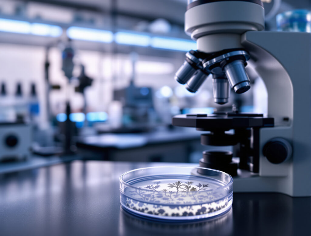 Mikroskop und Labortisch mit Pflanzenprobenpräparat im wissenschaftlichen Setting