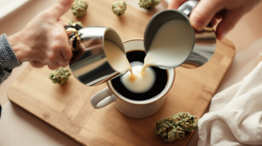 Hände gießen Sahne in Kaffee, Cannabis-Blüten am Bildrand auf Holzbrett