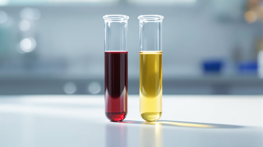 Zwei Reagenzgläser mit Vollblut und Serum nebeneinander