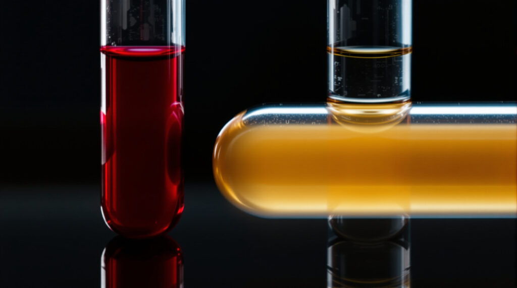 Zwei Reagenzgläser mit Vollblut und Serum im Vergleich