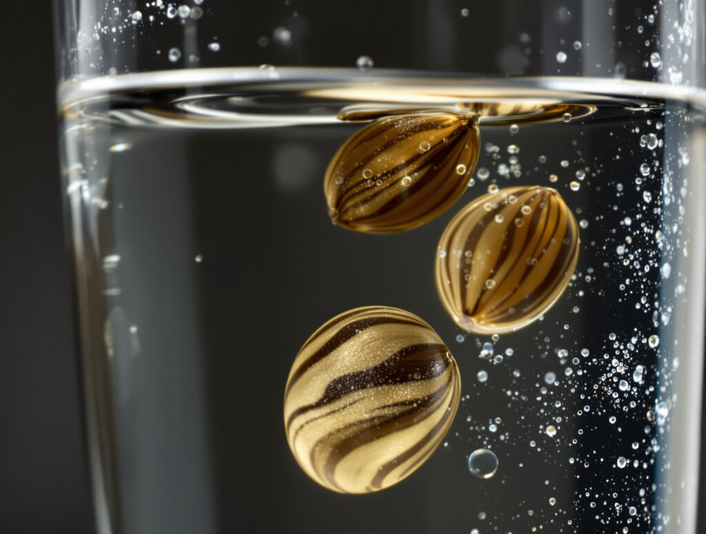 Cannabissamen in Wasserglas beim Anweichen, unterschiedliche Stadien