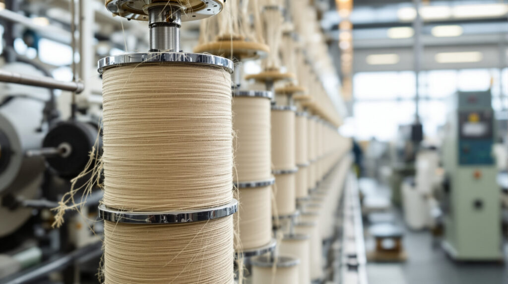 Hanfgarn an industrieller Spinnmaschine