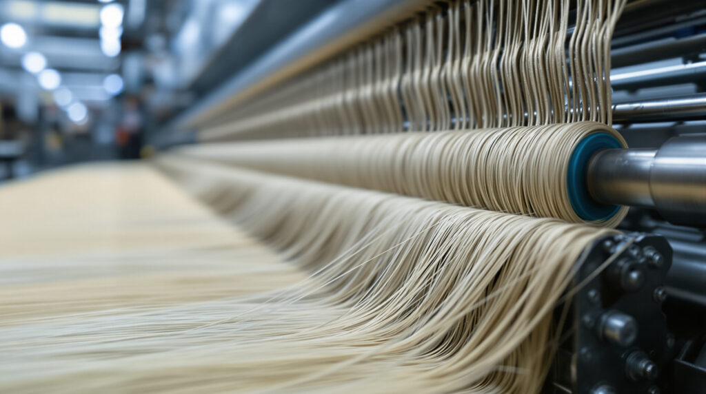 Hanfgarn an industrieller Spinnmaschine