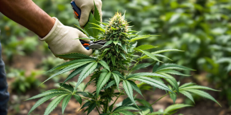 Outdoor-Cannabispflanze während gezielter Entlaubung in der Blütephase