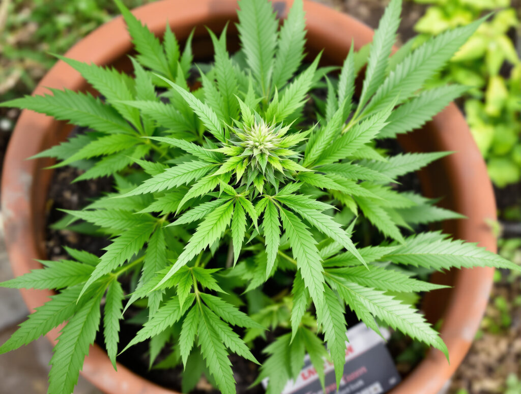 Kompakte Autoflower-Cannabispflanze mit natürlichem Blattwerk im Freiland