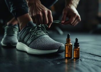 Hände binden Laufschuh neben CBD-Ölflasche auf Holzboden