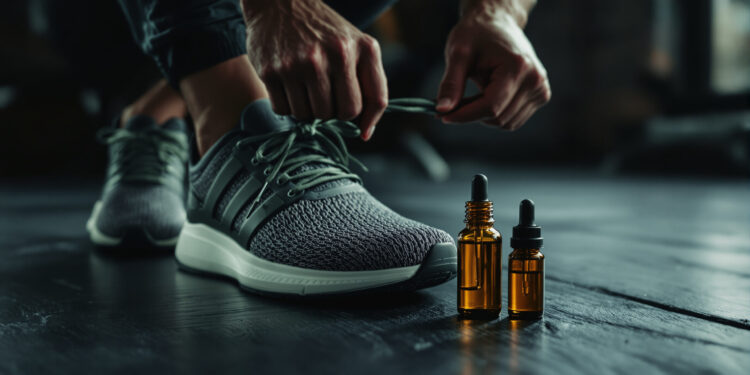 Hände binden Laufschuh neben CBD-Ölflasche auf Holzboden