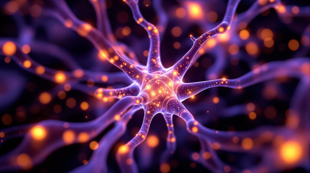 Abstrakte Nahaufnahme von Neuronensynapsen und Cannabinoidrezeptoren