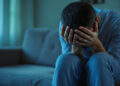 Person in gebückter Haltung auf Sofa, Hände vor Gesicht, gedämpftes Licht
