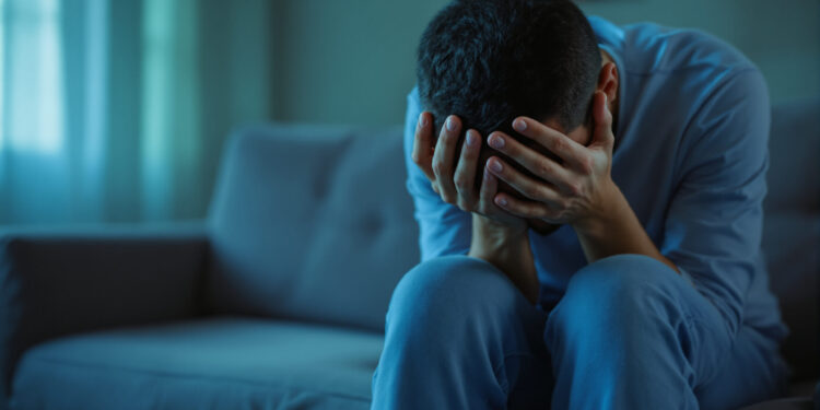 Person in gebückter Haltung auf Sofa, Hände vor Gesicht, gedämpftes Licht