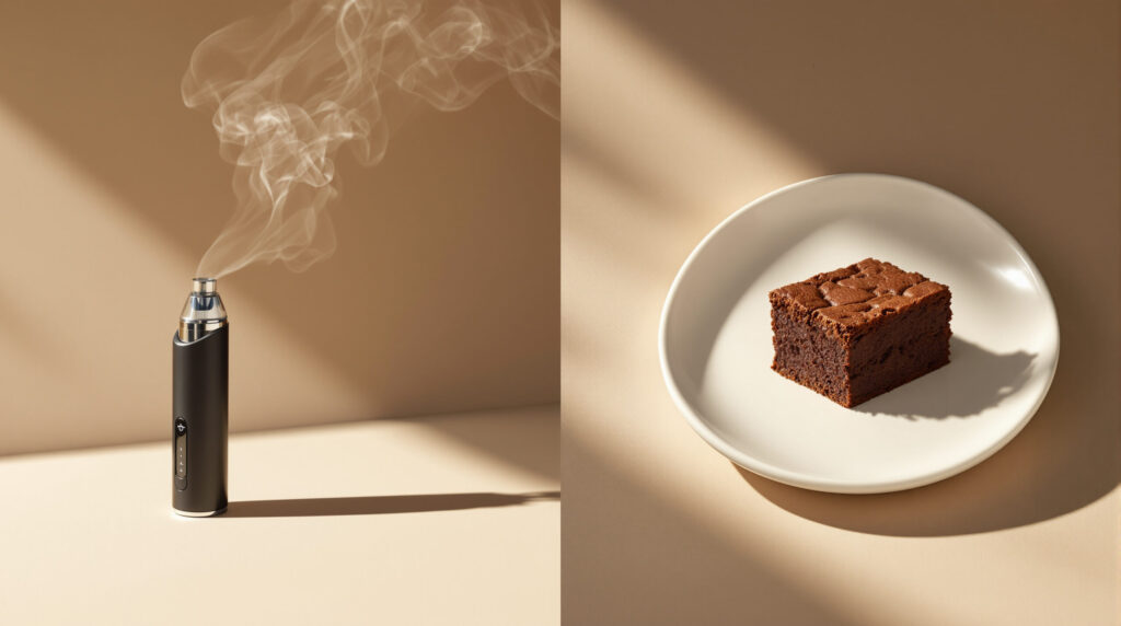 Vaporizer und Cannabis-Brownie nebeneinander, Zeitverlauf symbolisiert