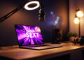 Streaming-Setup mit Mikrofon, Laptop und Twitch-Interface-Licht