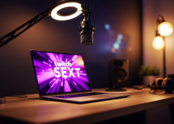 Streaming-Setup mit Mikrofon, Laptop und Twitch-Interface-Licht