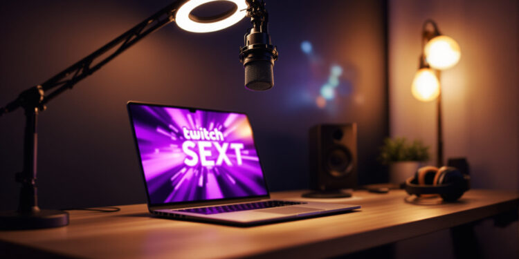 Streaming-Setup mit Mikrofon, Laptop und Twitch-Interface-Licht