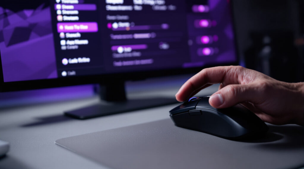 Hand bedient Maus vor Twitch-Einstellungs-Interface im Hintergrund