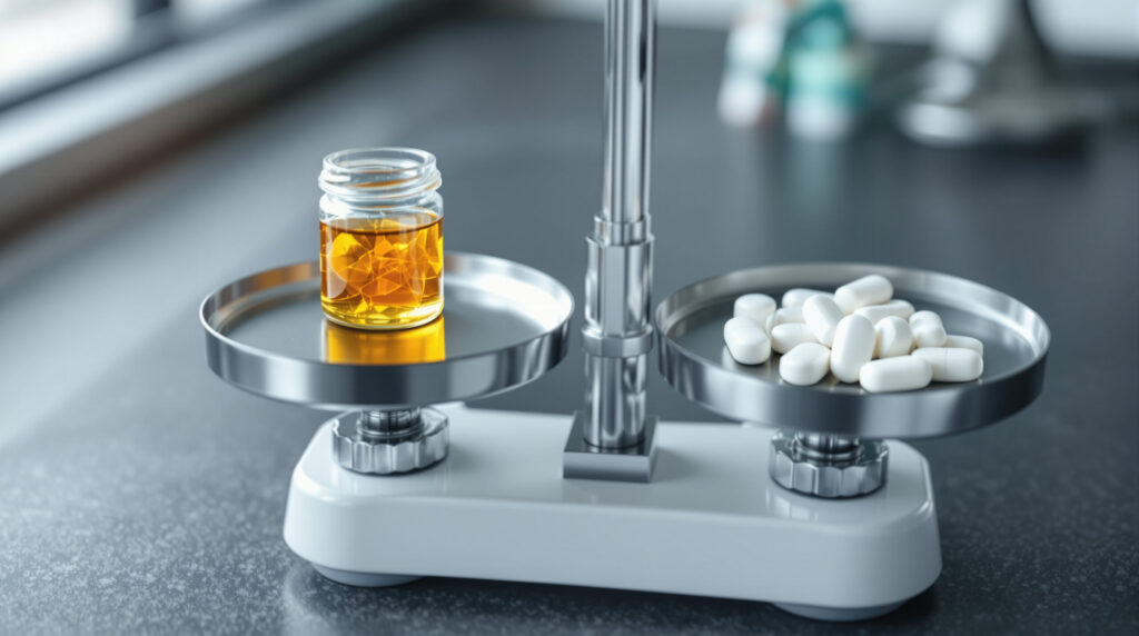 Waage mit Cannabis-Konzentrat und Pharma-Kapseln im Labor