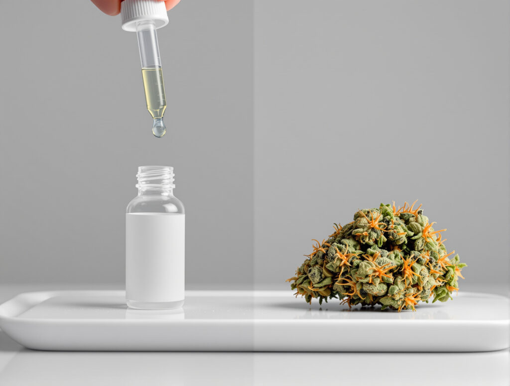 Pharmazeutische Tropfflasche neben Cannabis-Blütenmaterial auf Tray