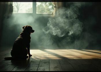 Hund in verrauchtem Wohnraum bei gedämpftem Licht