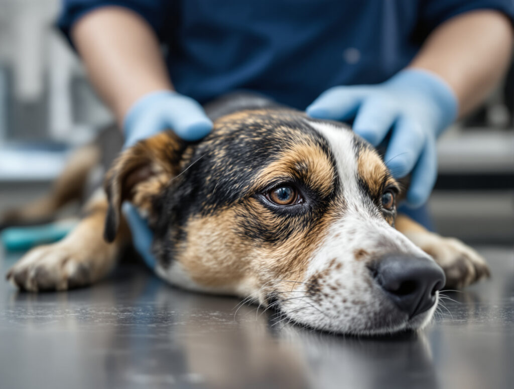 Nahaufnahme eines Hundeauges mit erweiterter Pupille