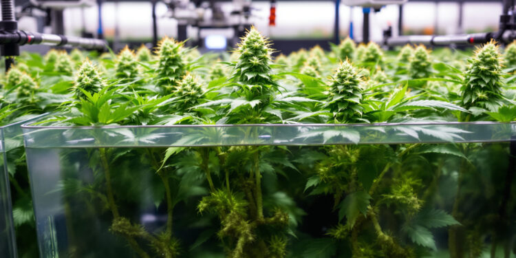 Hydroponische Cannabis-Kultivierung mit Wurzeln in Nährlösung