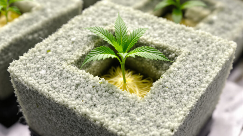 Cannabis-Steckling mit gesunden Wurzeln in Steinwolle-Würfel