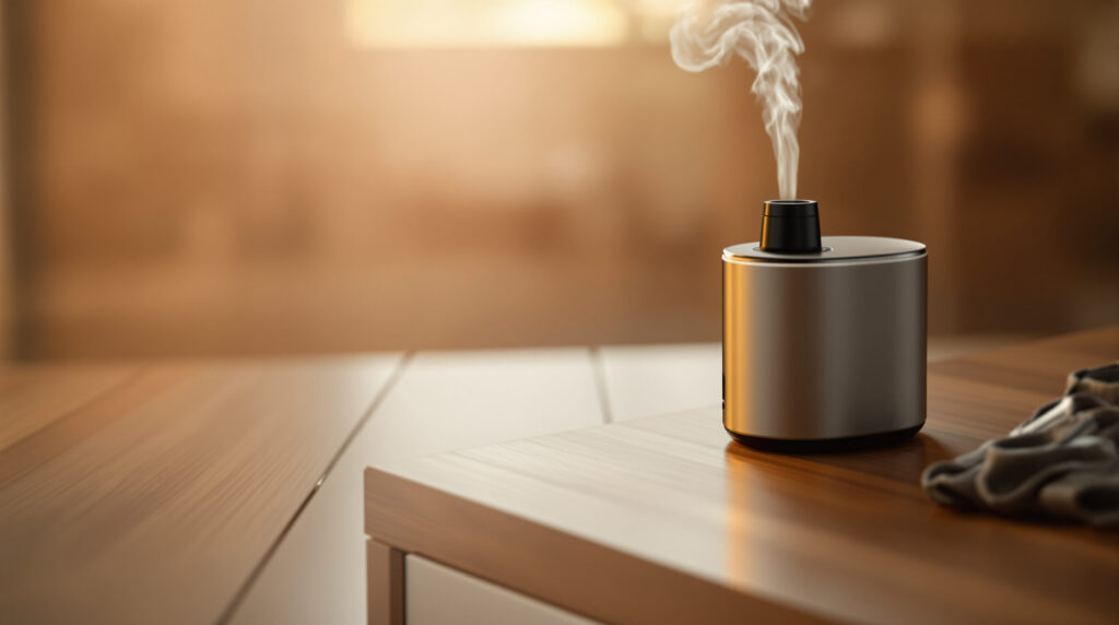 Hochwertiger Desktop-Vaporizer auf Holztisch mit aufsteigendem Dampf in warmem Studiolicht