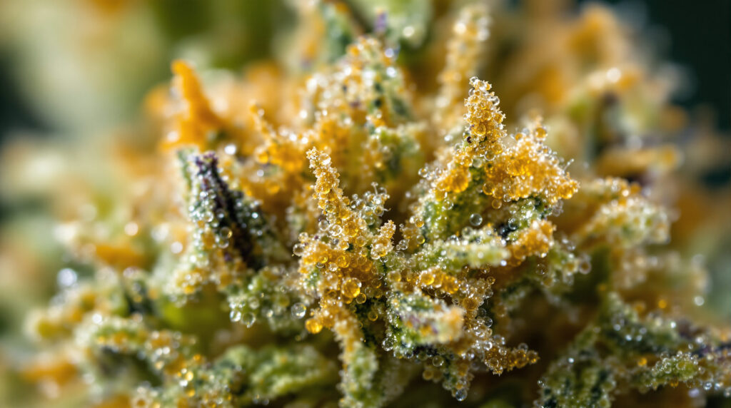 Nahaufnahme von Cannabis-Trichomen mit sichtbaren Harzdrüsen auf reifer Blüte