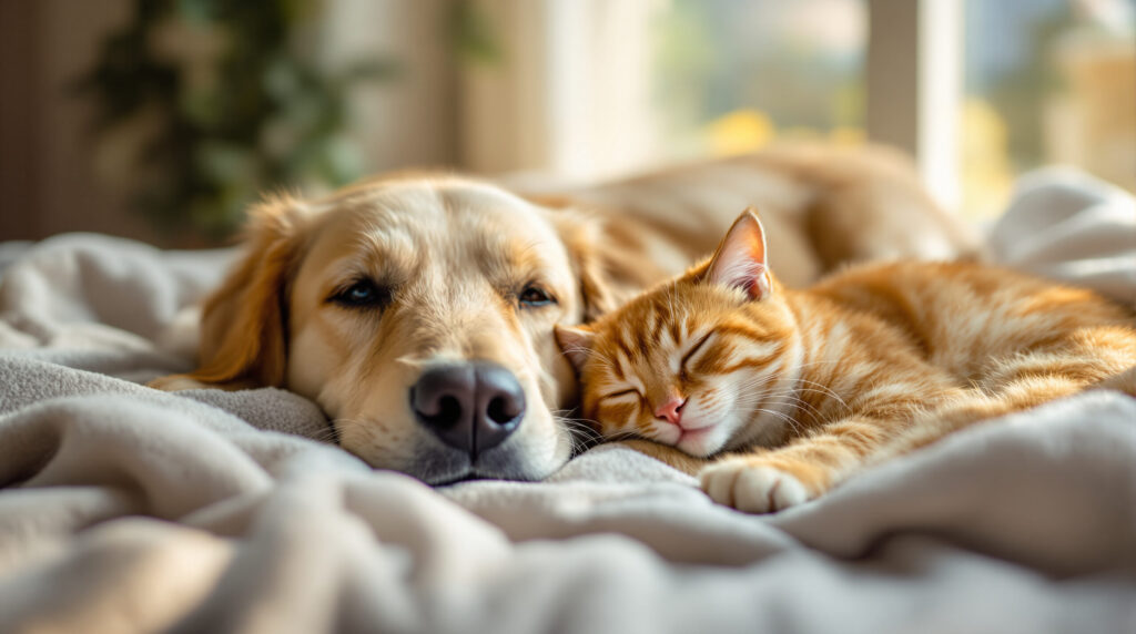 Hund und Katze liegen entspannt nebeneinander auf einer Decke im natürlichen Licht