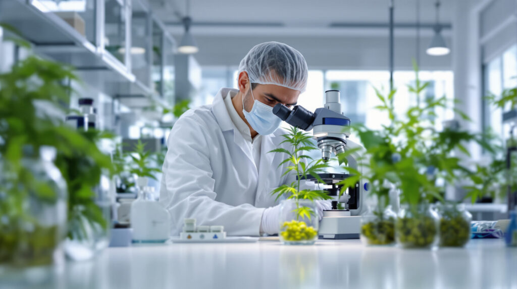 Wissenschaftliche Untersuchung von Cannabis im Forschungslabor mit Mikroskop und Pflanzenproben