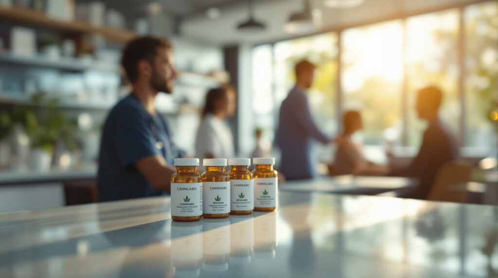 Moderne Apotheke mit Beratungsgespräch zur Cannabis-Patientenversorgung
