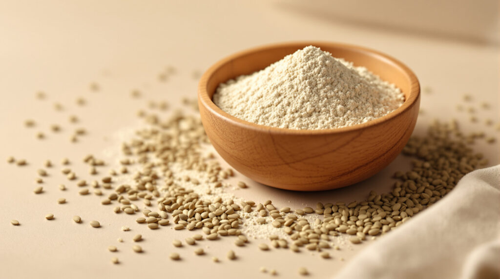 Hanfproteinpulver in einer Holzschale mit Hanfsamen auf neutralem Hintergrund