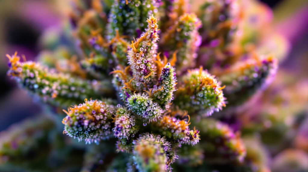 Nahaufnahme von Cannabis-Blüten mit sichtbaren Trichomen und Terpenen in professioneller Studio-Beleuchtung