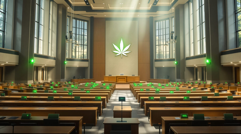 Moderner Parlamentssaal mit Abstimmungslichtern als Symbol für Cannabis-Liberalisierung