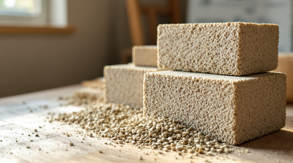 Hanfbeton-Bausteine und Hanfschäben auf Holztisch mit Bauplänen im Hintergrund