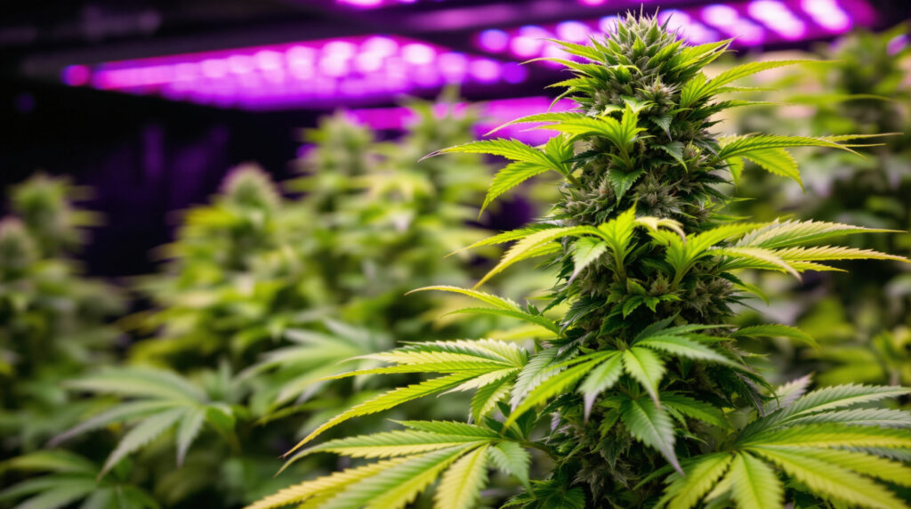 Cannabispflanze mit gelben unteren Blättern und grüner Spitze