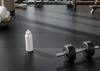 Hantel und Wasserflasche auf Gummiboden im Fitnessstudio